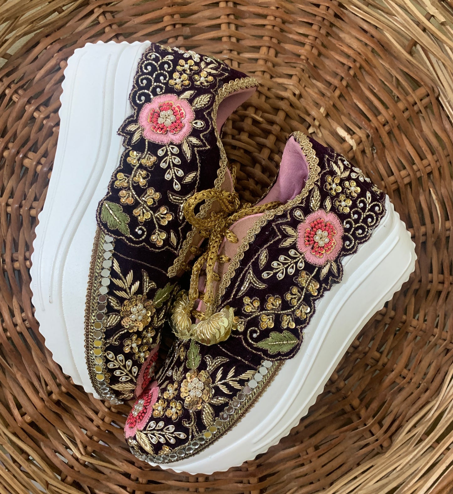 FUNKY N TRENDY maroon wine intricate hand embroidered sneakers for brides /bridesmaids / sneakers for bridesmaids/ handcrafted sneakers/ sequine sneakers / bridal sneakers / bridesmaid sneakers/ maroon sneakers /embroidered shoes/ zardozi sneakers