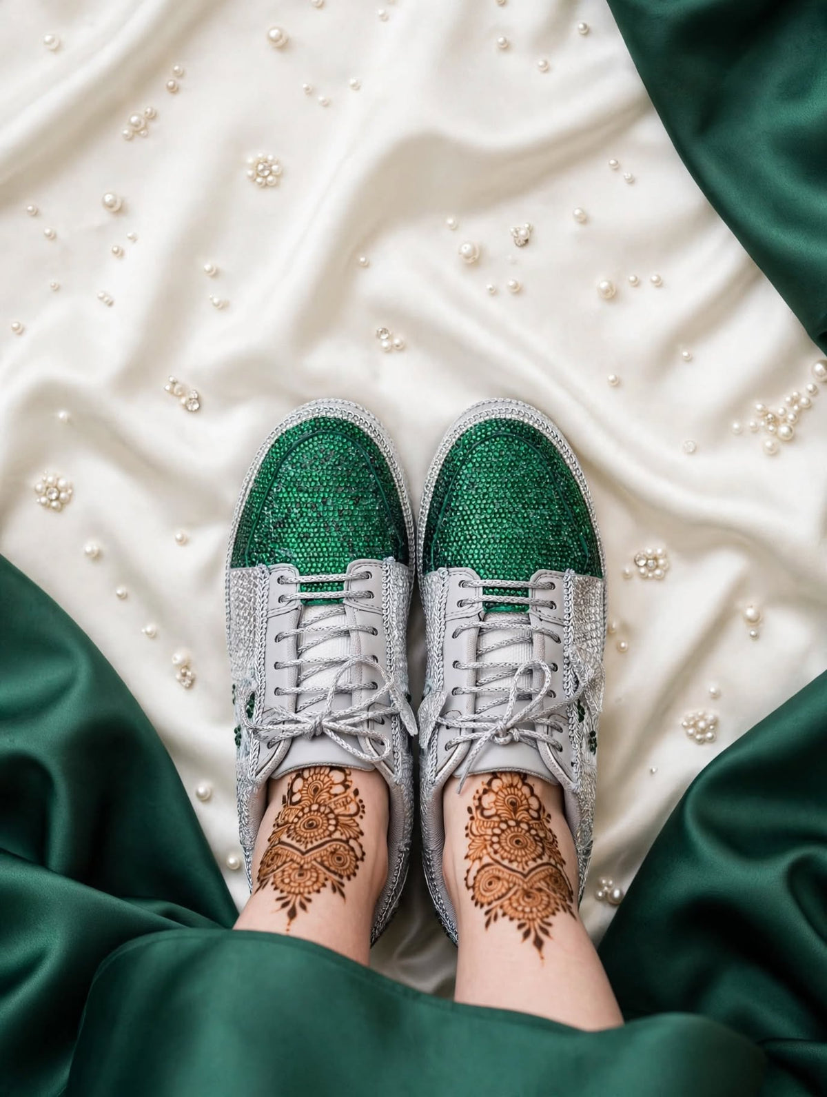 Silver Green Rhinestone Magic - Bridal Platform Sneakers | Silver Wedge Sneakers for Engagement or Sangeet