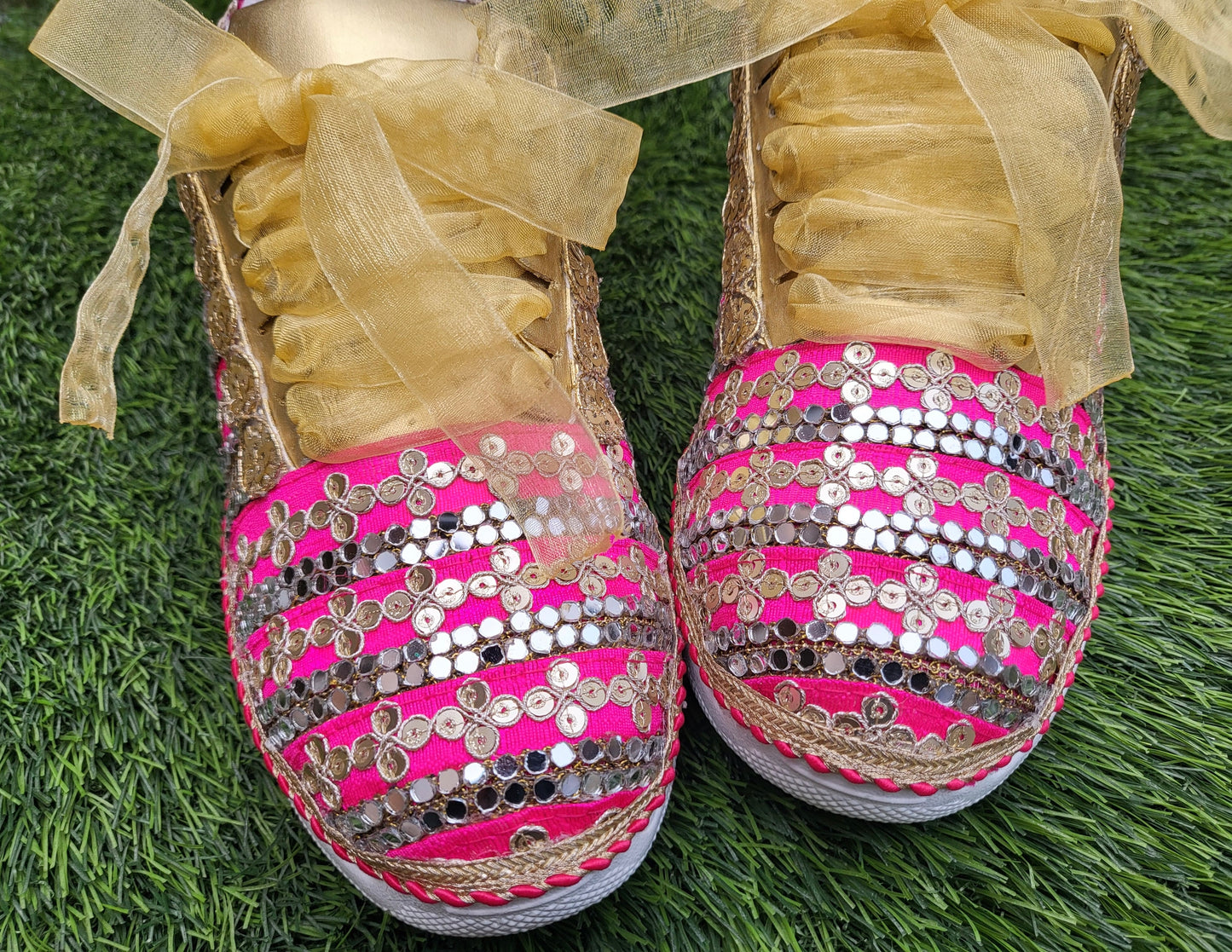 Funky N Trendy Hot pink zari work with mirror detailing bridal sneakers/ bridesmaid sneaker / golden sneakers/ hot pink sneakers / pink shoes for bride/ rani pink sneakers