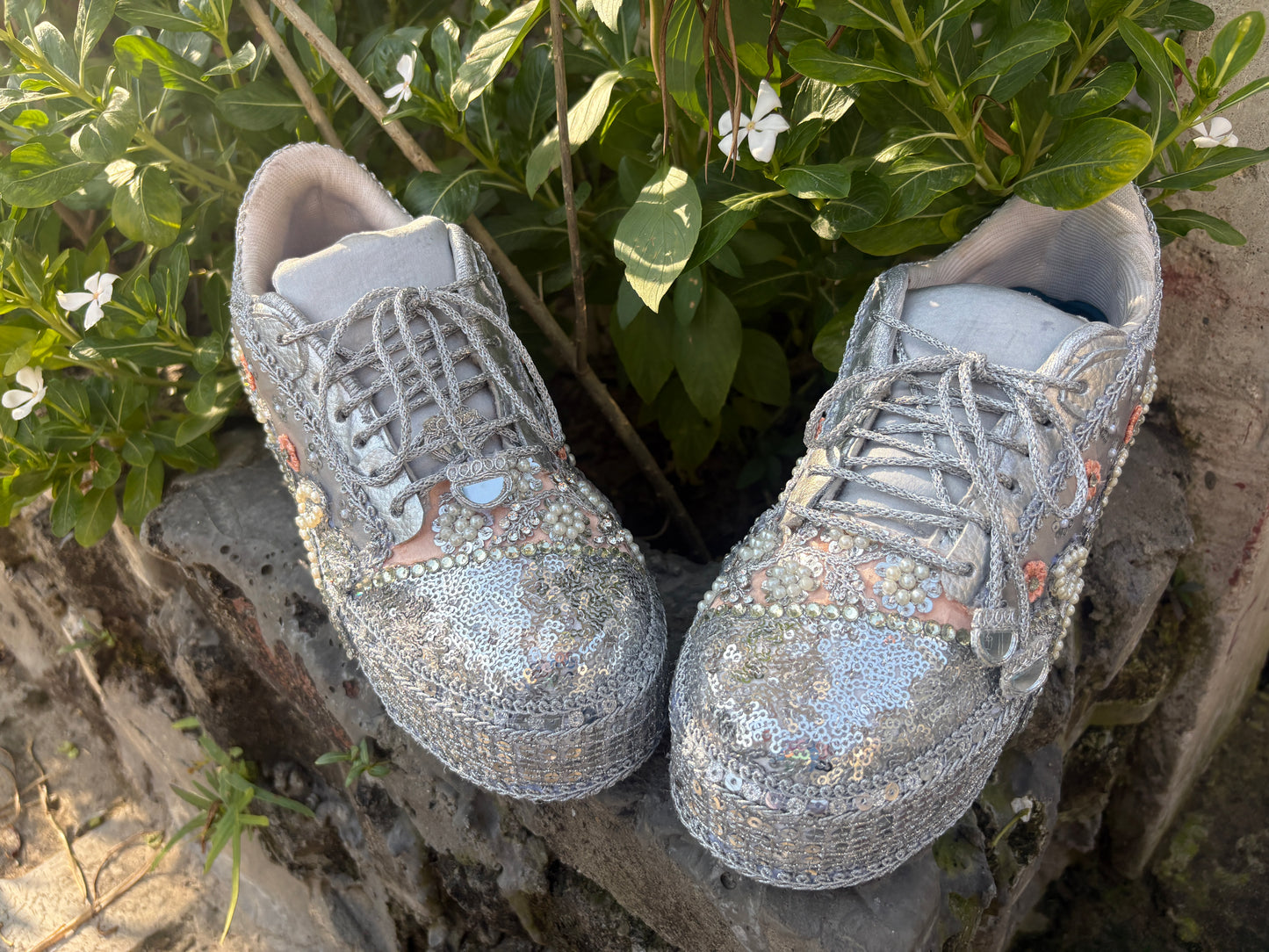 FUNKY N TRENDY Silver Mirror sequine work sneakers - wedge sneakers heeled sneakers/ silver sneakers