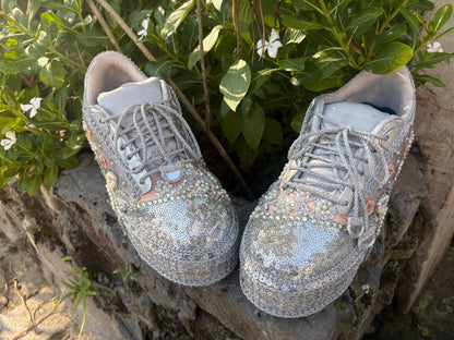 FUNKY N TRENDY Silver Mirror sequine work sneakers - wedge sneakers heeled sneakers/ silver sneakers