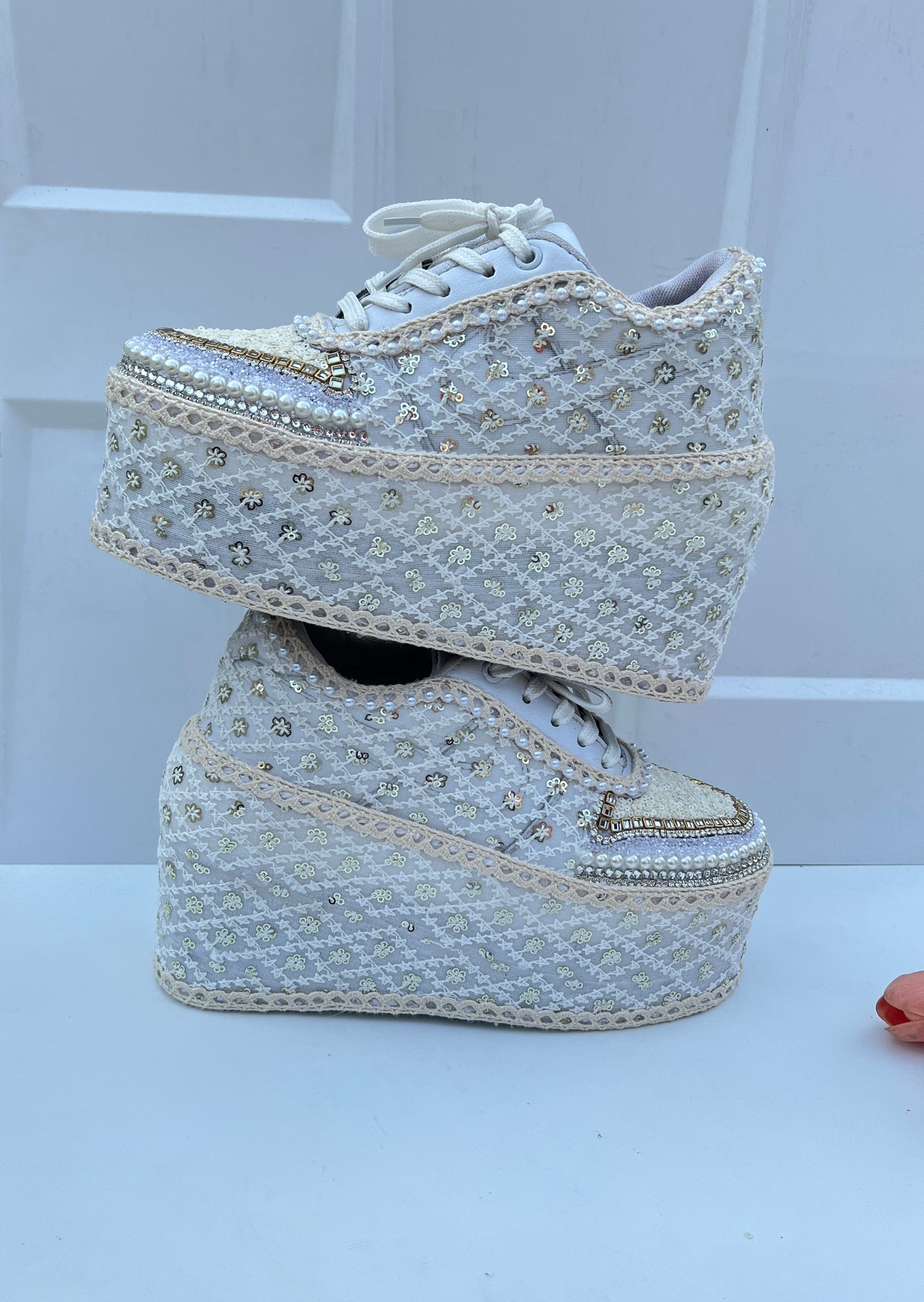 Handcrafted Bridal Sneakers for Brides – Wedding Shoes | Funky N Trendy | Ivory wedges | ivory sneakers