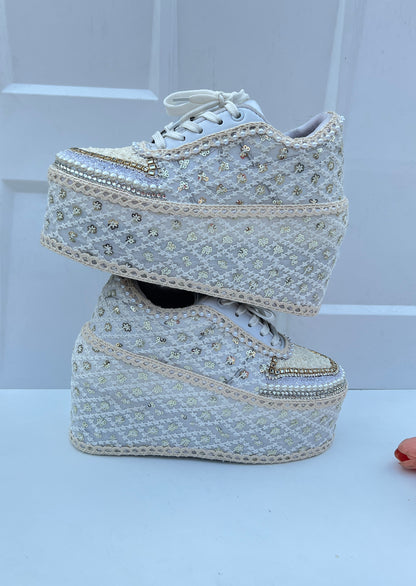 Handcrafted Bridal Sneakers for Brides – Wedding Shoes | Funky N Trendy | Ivory wedges | ivory sneakers