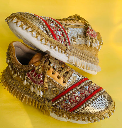FUNKY N TRENDY red and gold sneakers for brides /bridesmaids / sneakers for bridesmaids/ handcrafted sneakers/ gold sneakers / bridal sneakers / bridesmaid sneakers/ gold sneakers / red shoes