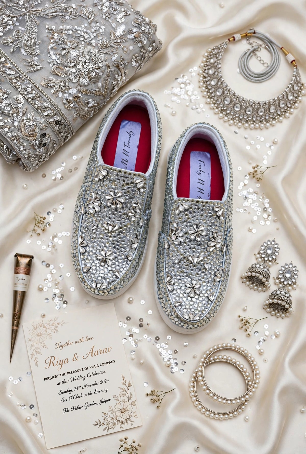 Funky N Trendy hand crystalized silver sneakers for brides / bridesmaids