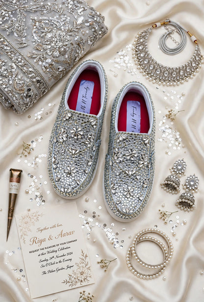 Funky N Trendy hand crystalized silver sneakers for brides / bridesmaids