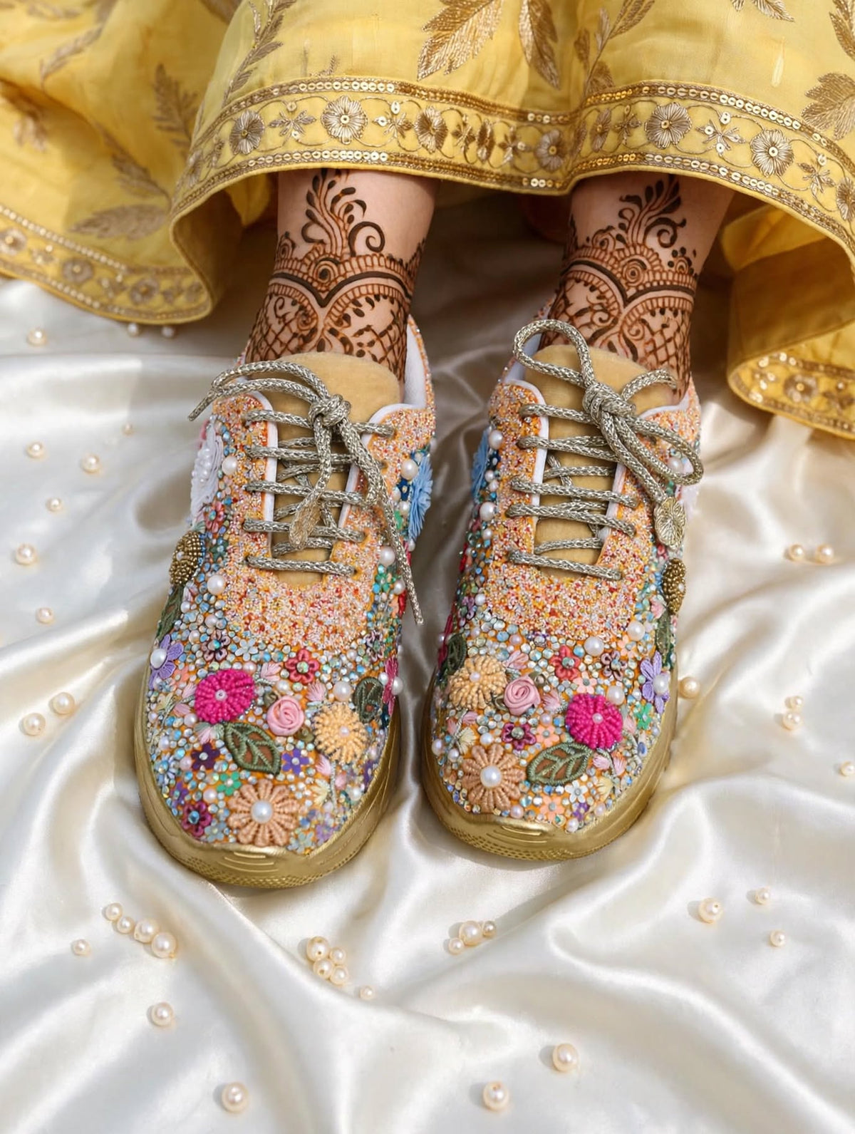 FUNKY N TRENDY fully hand crafted floral work with beads rhinestones cutdana sneakers / flower shoes / gold sneakers
