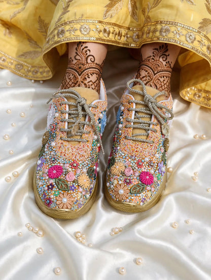 FUNKY N TRENDY fully hand crafted floral work with beads rhinestones cutdana sneakers / flower shoes / gold sneakers
