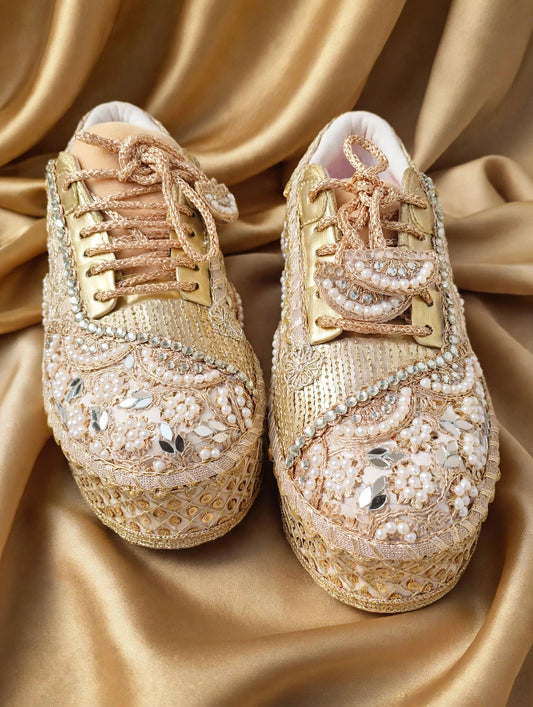 FUNKY N TRENDY Gold bridal sneakers - wedge sneakers heeled sneakers/ golden sneakers