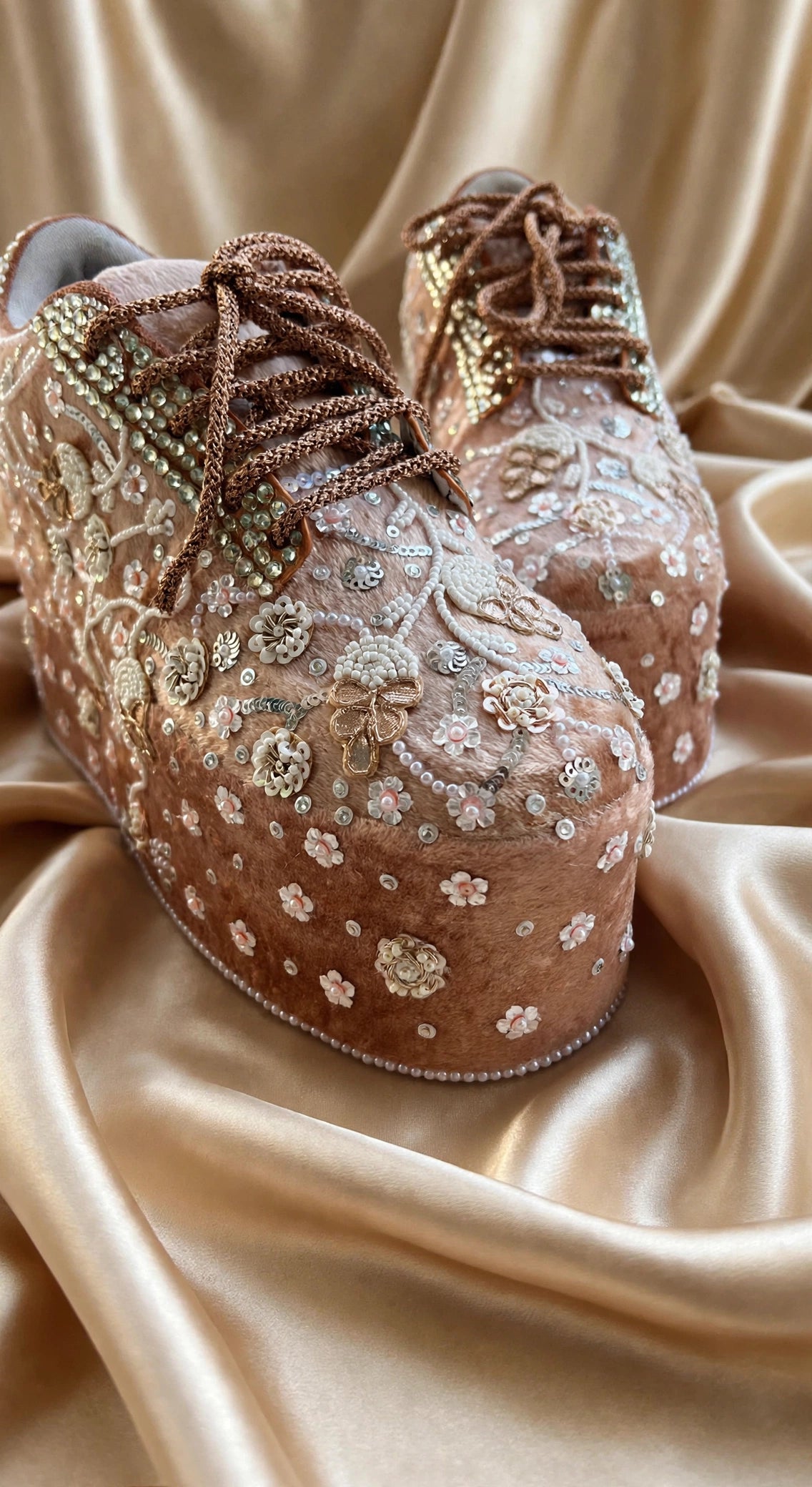 FUNKY N TRENDY rose gold with pearl Embroidered bridal sneakers - wedge sneakers heeled sneakers/ pearl work sneakers