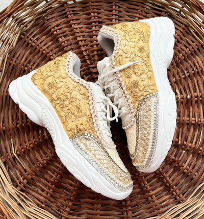 Funky N Trendy ivory / off white embroidery work bridal sneakers/ bridesmaid sneaker / hancrafted sneakers / gold sneakers / golden sneakers