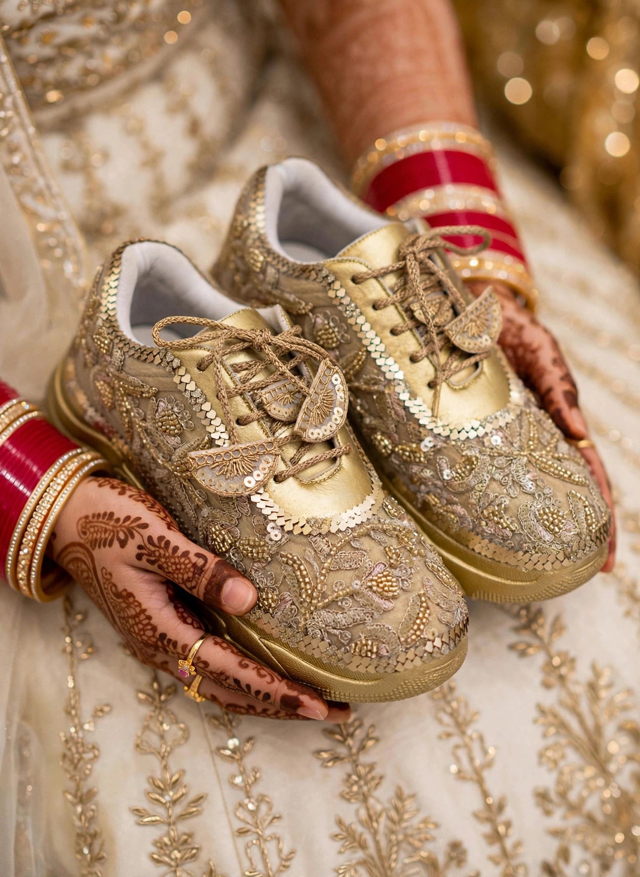 Funky N Trendy hand crafted golden bridal sneakers bridesmaid sneakers/ gold sneakers / golden sneakers / mirror sneakers/hand embroidered sneakers