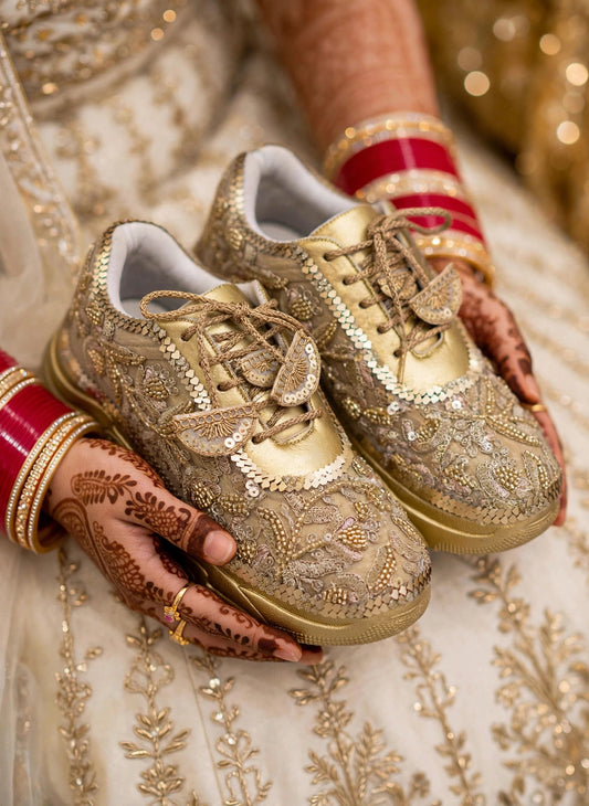 Funky N Trendy hand crafted golden bridal sneakers bridesmaid sneakers/ gold sneakers / golden sneakers / mirror sneakers/hand embroidered sneakers