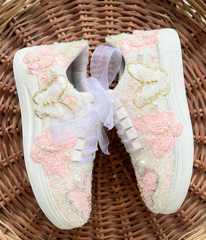 FUNKY N TRENDY pink white butterfly sneakers/ hand work sneakers for brides / bridesmaids/ pink shoes / pink sneakers