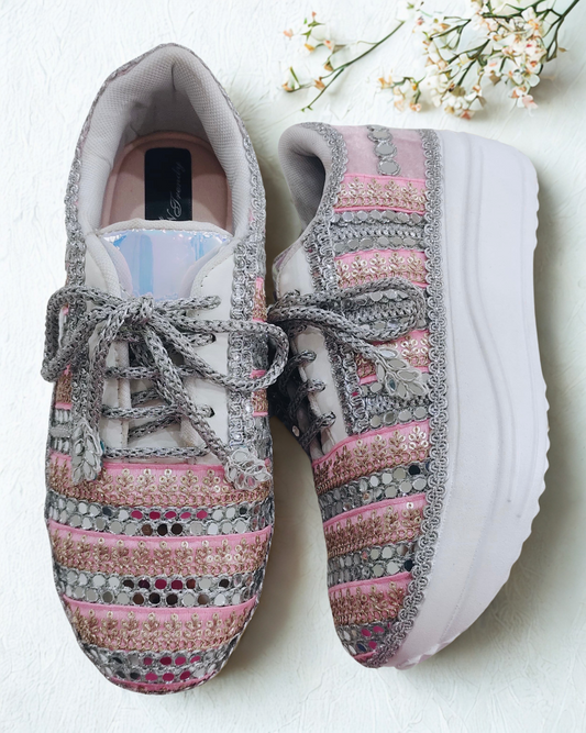 FUNKY N TRENDY pink and silver hand work sneakers for brides / bridesmaids/ pink sneakers / mirror sneakers / pink shoes / pink and silver sneakers/ embroidered sneakers
