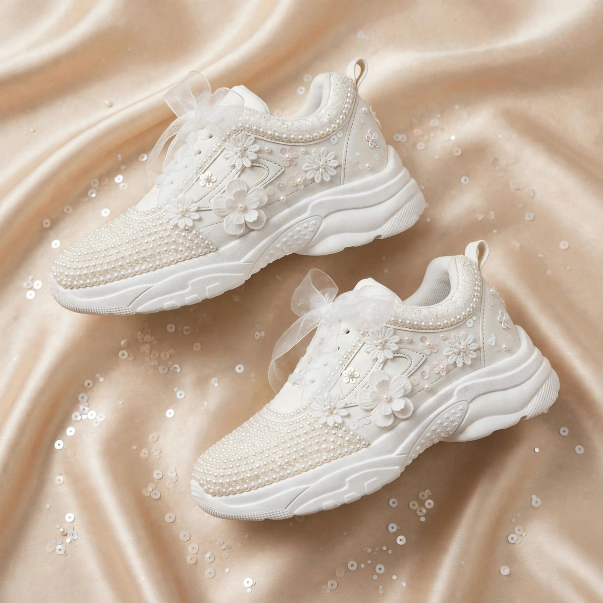 PEARL BLOOM - White Pearl Bridal Sneakers with 3D Floral Appliqué & Organza Ribbon Bows | Luxury Wedding Sneakers for Bride