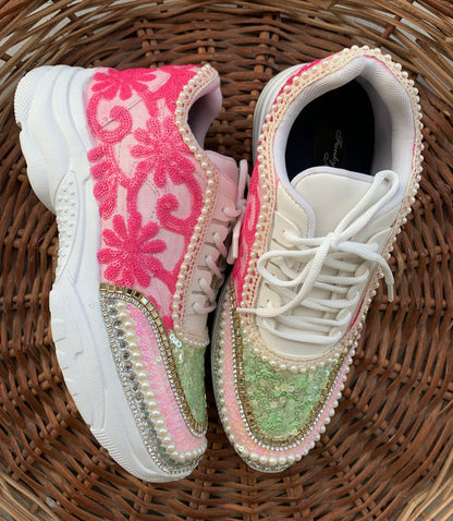 FUNKY N TRENDY hand embroidered pink and green floral work sneakers / bridal sneakers / pink sneakers / pink and green sneakers for brides or bridesmaid