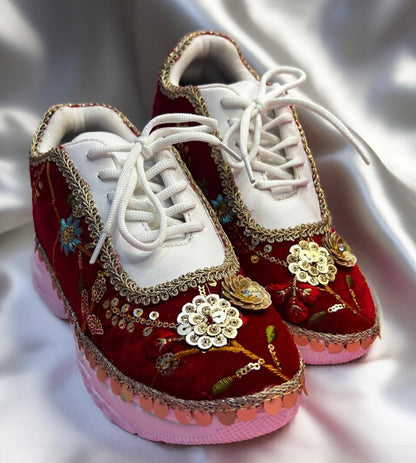 Funky N Trendy Red Bridal sneakers - floral embroidered sneakers for brides