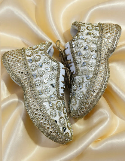 Mirror leaves Pearl blossom Dull gold/ beige Bridal Sneakers – Floral Embroidery” / gold sneakers /ivory sneakers/peach sneakers