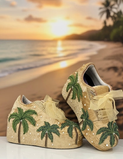 FUNKY N TRENDY Hand embroidered Tree theme sneakers - wedge sneakers heeled sneakers/ gold sneakers