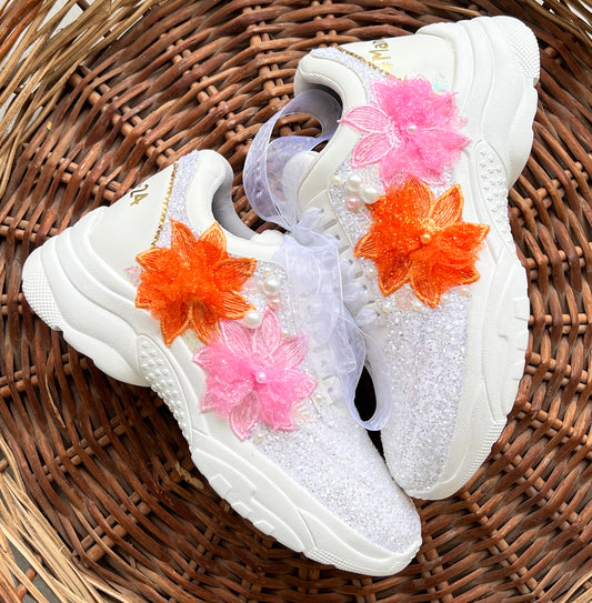 FUNKY N TRENDY Floral hand work sneakers with custom hashtag and wedding date for brides / bridesmaids/ pink white sneakers / orange sneakers / floral shoes / floral embroidered sneakers/ embroidered shoes