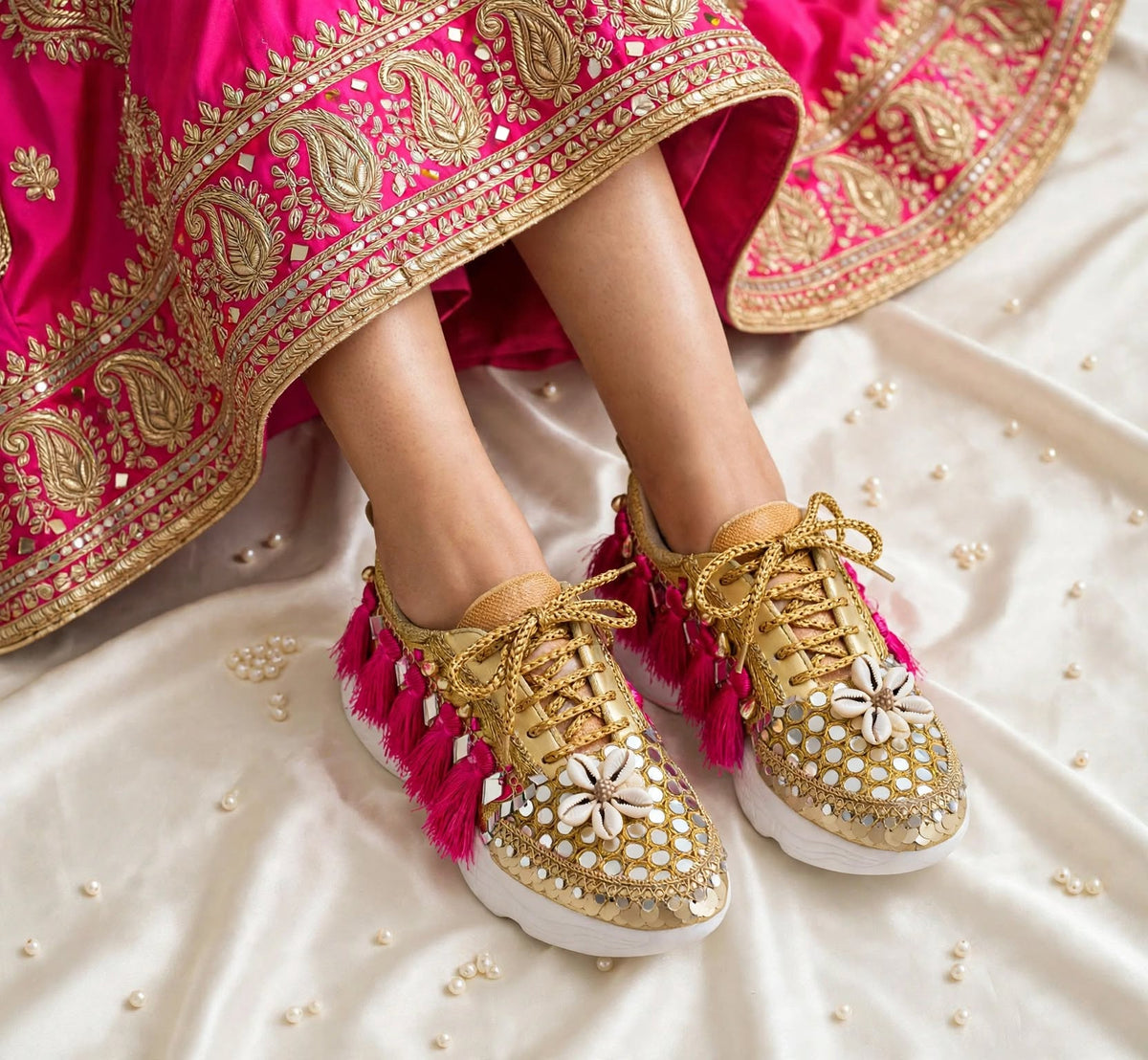FUNKY N TRENDY megenta rani and gold sneakers for brides /bridesmaids / hot pink sneakers for bridesmaids/ handcrafted sneakers/ mirror sneakers / bridal sneakers / bridesmaid sneakers/ gold sneakers / megenta sneakers/ rani sneakers