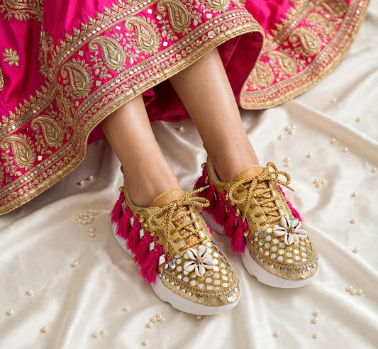 FUNKY N TRENDY megenta rani and gold sneakers for brides /bridesmaids / hot pink sneakers for bridesmaids/ handcrafted sneakers/ mirror sneakers / bridal sneakers / bridesmaid sneakers/ gold sneakers / megenta sneakers/ rani sneakers