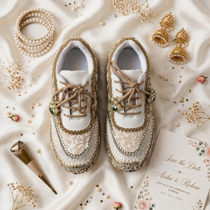 Mirror leaves Pearl blossom Dull gold/ beige Bridal Sneakers – Floral Embroidery” / gold sneakers /ivory sneakers/peach sneakers