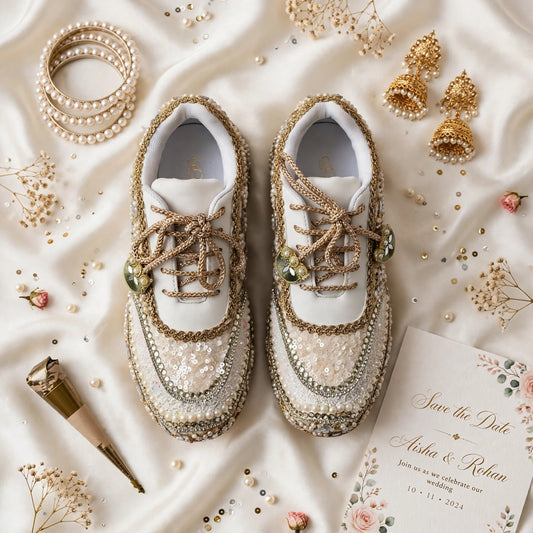 Mirror leaves Pearl blossom Dull gold/ beige Bridal Sneakers – Floral Embroidery” / gold sneakers /ivory sneakers/peach sneakers