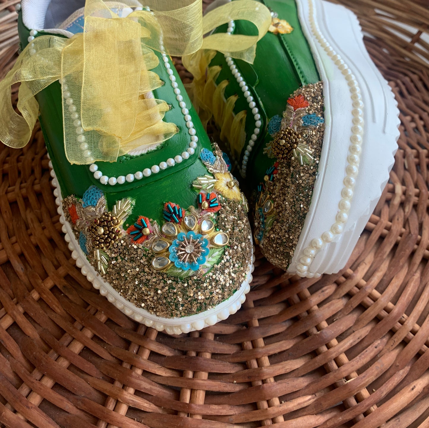 FUNKY N TRENDY green sneakers for brides /gold and green embroidered sneakers/ handcrafted sneakers/ golden sneakers / bridal sneakers / bridesmaid sneakers/ golden hand work sneakers/green sneakers