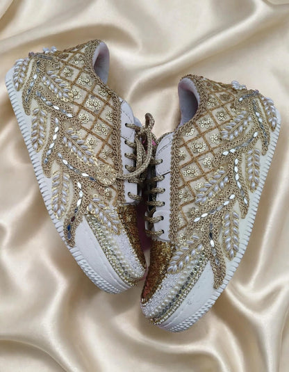 Golden Sequin Bridal Sneakers – Handcrafted Wedding Shoes for Brides | Funky N Trendy