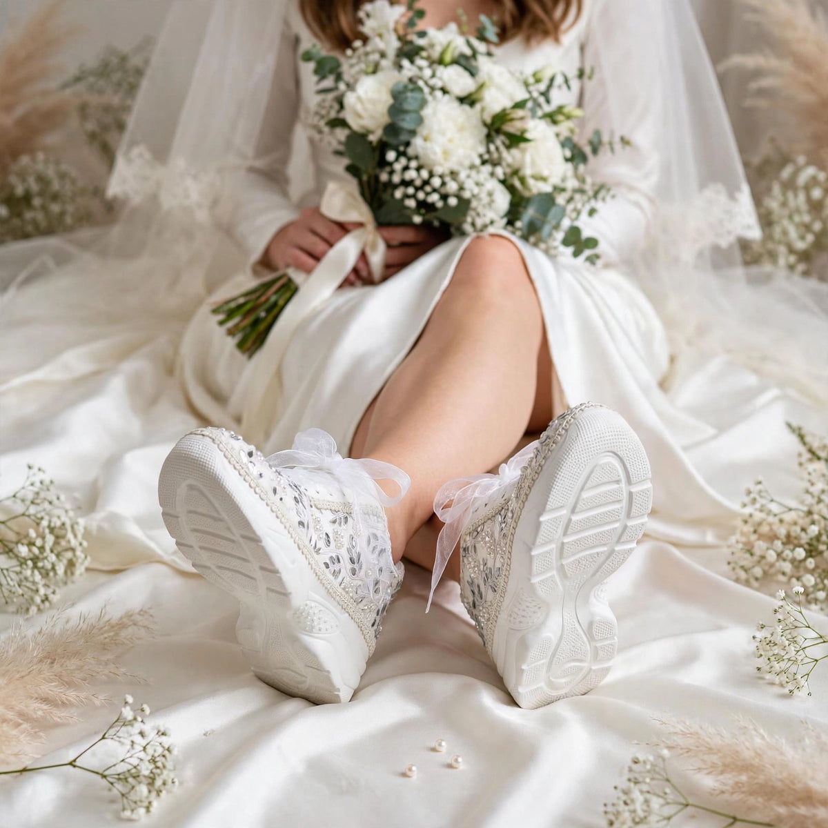 Funky N Trendy white pearl hand work sneakers / bridal sneakers/ sneaker for bride / white sneakers/ pearl sneakers for bride/ bridesmaid sneakers / pearls sneakers / mirror sneakers / white shoes