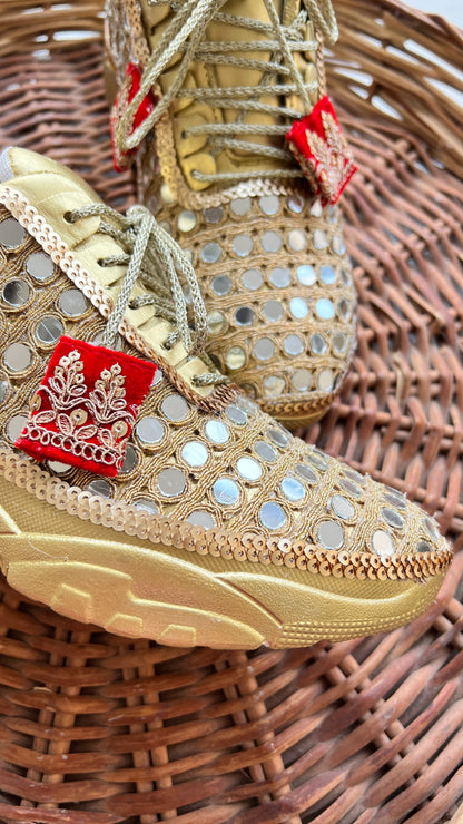 FUNKY N TRENDY gold mirror heeled sneakers for brides and bridesmaids