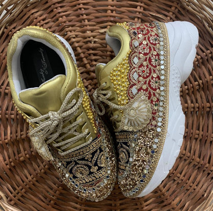 FUNKY N TRENDY maroon and gold sneakers with mirror detailing for brides /bridesmaids / sneakers for bridesmaids/ handcrafted sneakers/ maroon sneakers / bridal sneakers / bridesmaid sneakers/ maroon shoes