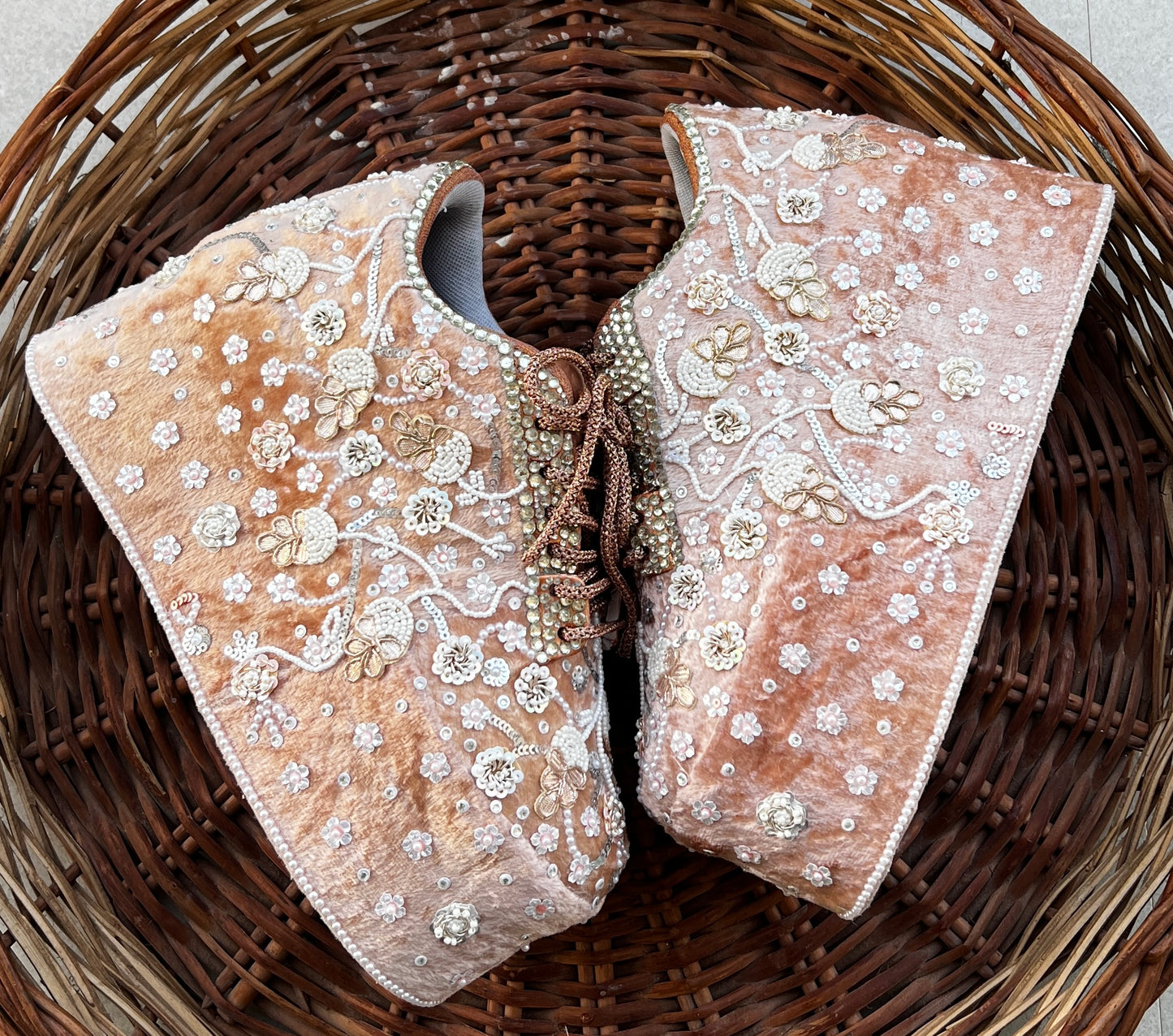 FUNKY N TRENDY rose gold with pearl Embroidered bridal sneakers - wedge sneakers heeled sneakers/ pearl work sneakers