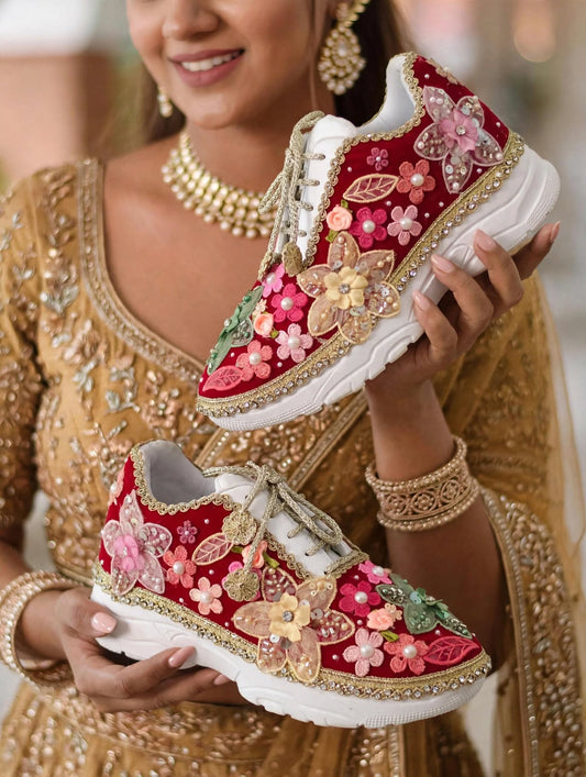 Laal Ishq - Red Bridal Sneakers with Multicolor Floral Embroidery & Pearls