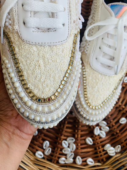 FUNKY N TRENDY ivory minimalistic sneakers with pearl detailing for brides /bridesmaids / sneakers for bridesmaids/ handcrafted sneakers/ sequine sneakers / bridal sneakers / bridesmaid sneakers/ ivory sneakers / minimal shoes