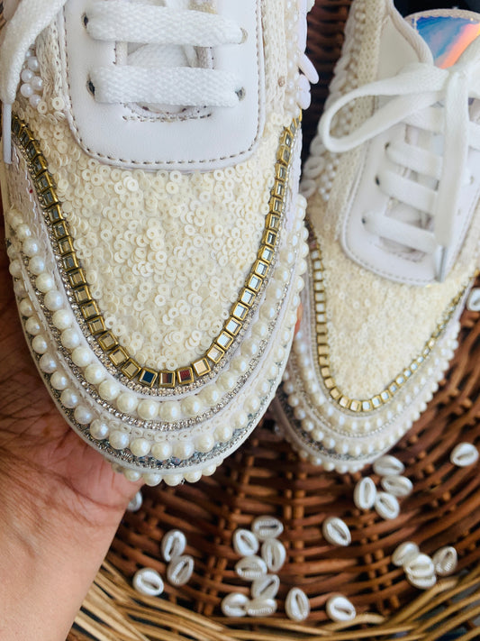 FUNKY N TRENDY ivory minimalistic sneakers with pearl detailing for brides /bridesmaids / sneakers for bridesmaids/ handcrafted sneakers/ sequine sneakers / bridal sneakers / bridesmaid sneakers/ ivory sneakers / minimal shoes