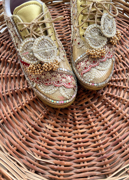 Funky N Trendy Maroon & Gold embroidery work bridal sneakers/ bridesmaid sneaker / golden sneakers/ Maroon sneakers / gold shoes