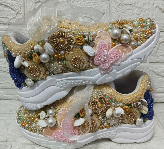 FUNKY N TRENDY gold pink blue butterfly embroidery sneakers for brides /gold embroidered sneakers/ handcrafted sneakers/ butterfly sneakers / bridal sneakers / bridesmaid sneakers/ gold and pink hand work sneakers