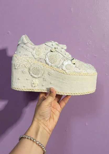 FUNKY N TRENDY Hand embroidered floral theme sneakers - wedge sneakers heeled sneakers/ white sneakers
