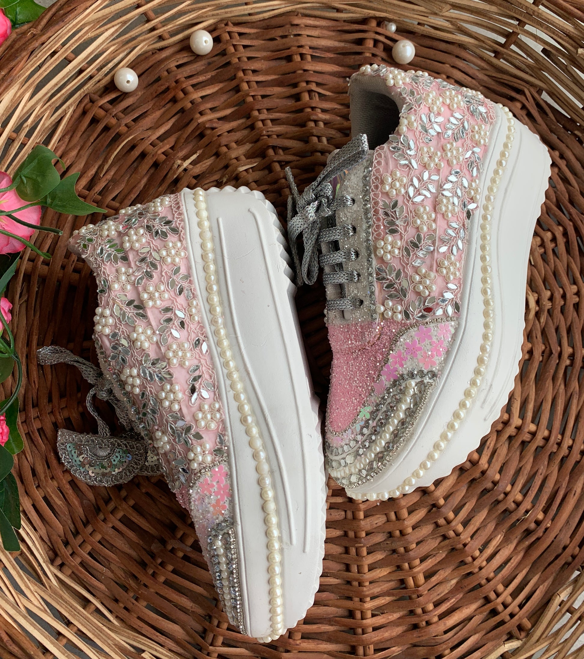 FUNKY N TRENDY floral theme hand work sneakers for brides bridesmaids/ pink sneakers mirror sneakers pink shoes pink and silver sneakers