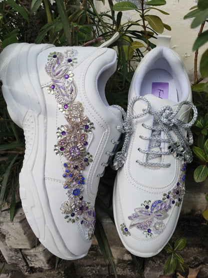 Funky N Trendy embroidery work bridal sneakers/ bridesmaid sneaker / silver sneakers/ purple shoes /name and wedding date customization