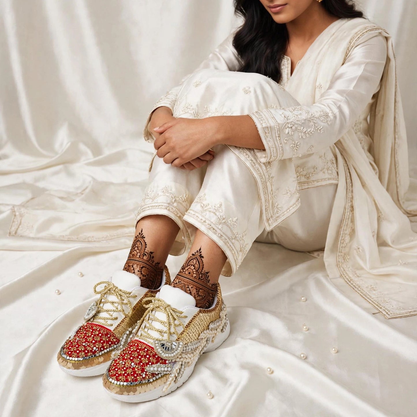 Red & Gold Sequin Bridal Sneakers | Pearl Embellished Wedding Sneakers