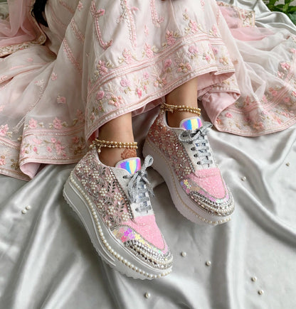 Custom Pink Pearl Bridal Sneakers | Platform Wedding Sneakers India | Funky N Trendy
