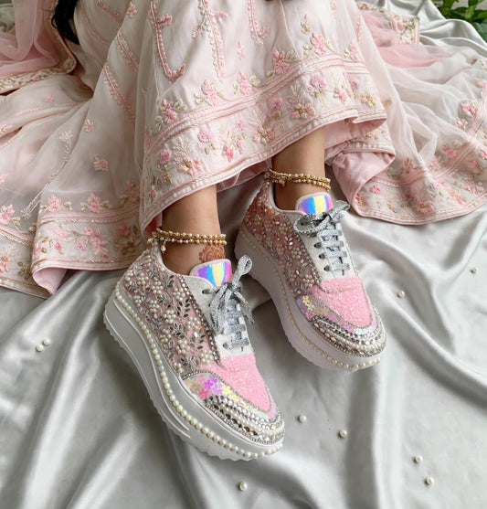 Custom Pink Pearl Bridal Sneakers | Platform Wedding Sneakers India | Funky N Trendy
