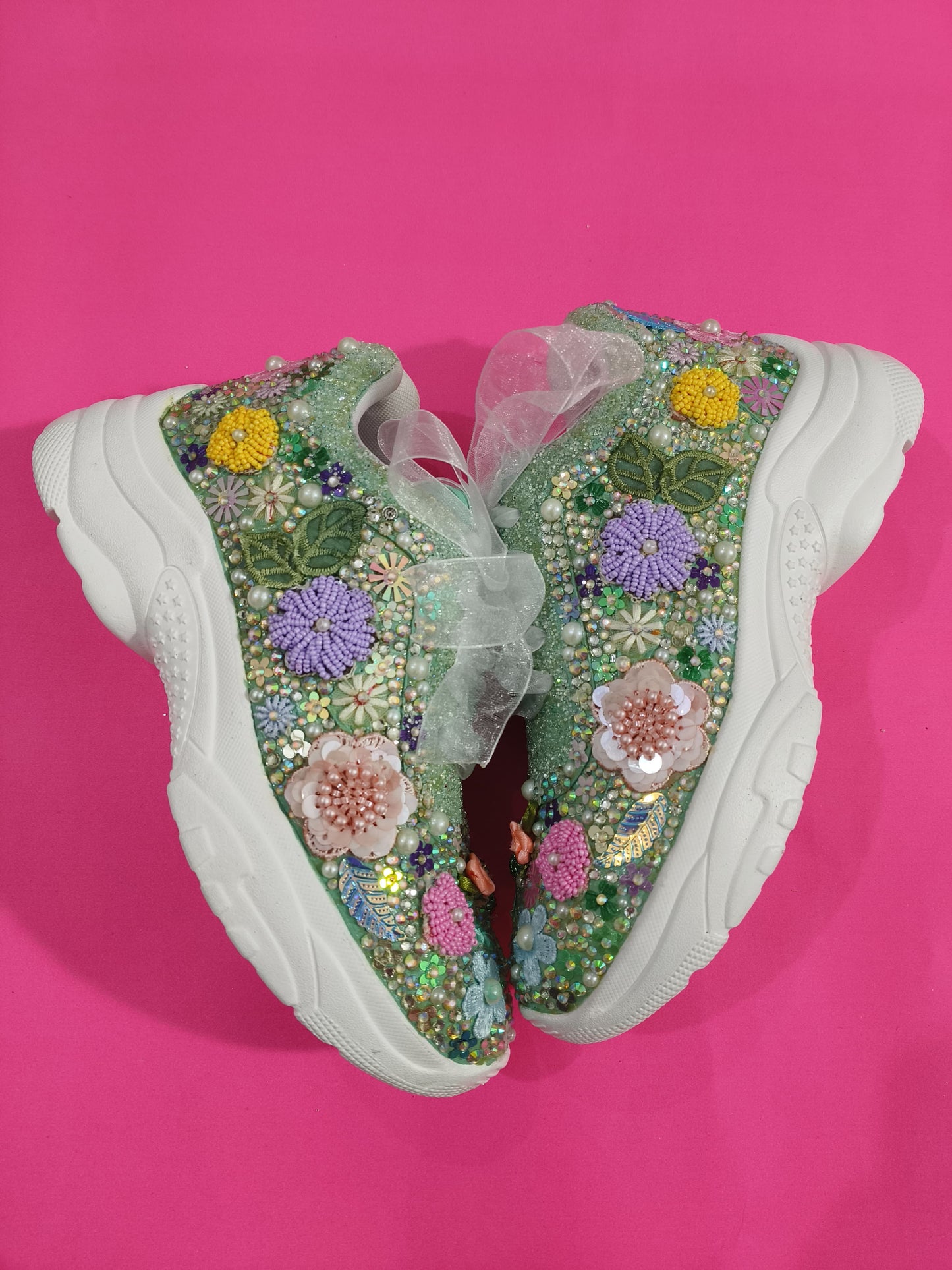 FUNKY N TRENDY “Green Pastel Garden Handcrafted Sneakers – Floral Magic” - Green Sneakers