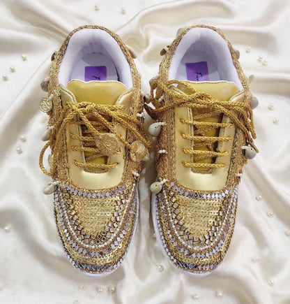 FUNKY N TRENDY gold sneakers for brides / gold sneakers for bridesmaids/ gold sneakers / bridal sneakers / bridesmaid sneakers/ golden hand work sneakers / gold sneakers / embroidered sneakers