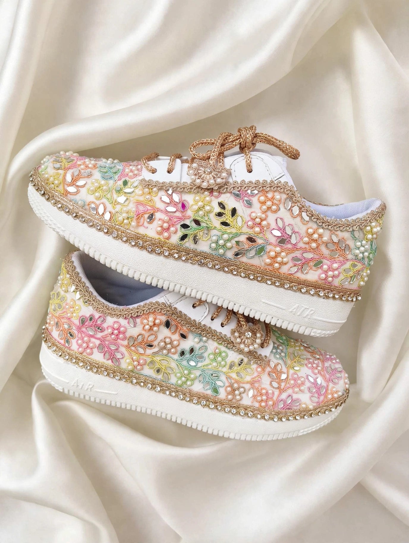 “Rainbow Bridal Sneakers with Mirror detailing– Floral Embroidery”