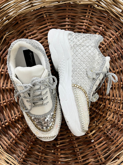 FUNKY N TRENDY hand work bridal sneakers / bridesmaid sneakers/ silver sneakers / silver shoes/mirror sneakers mirror shoes/ bride shoes/ embroidered shoes